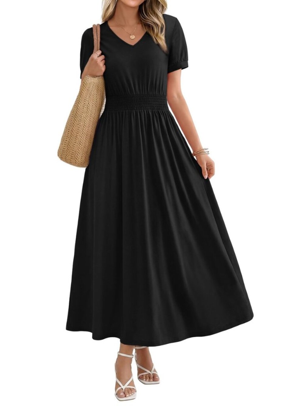 Maxi Dresses for Women V Neck Ladies Midi Long Dress A Line Smocked Waisted